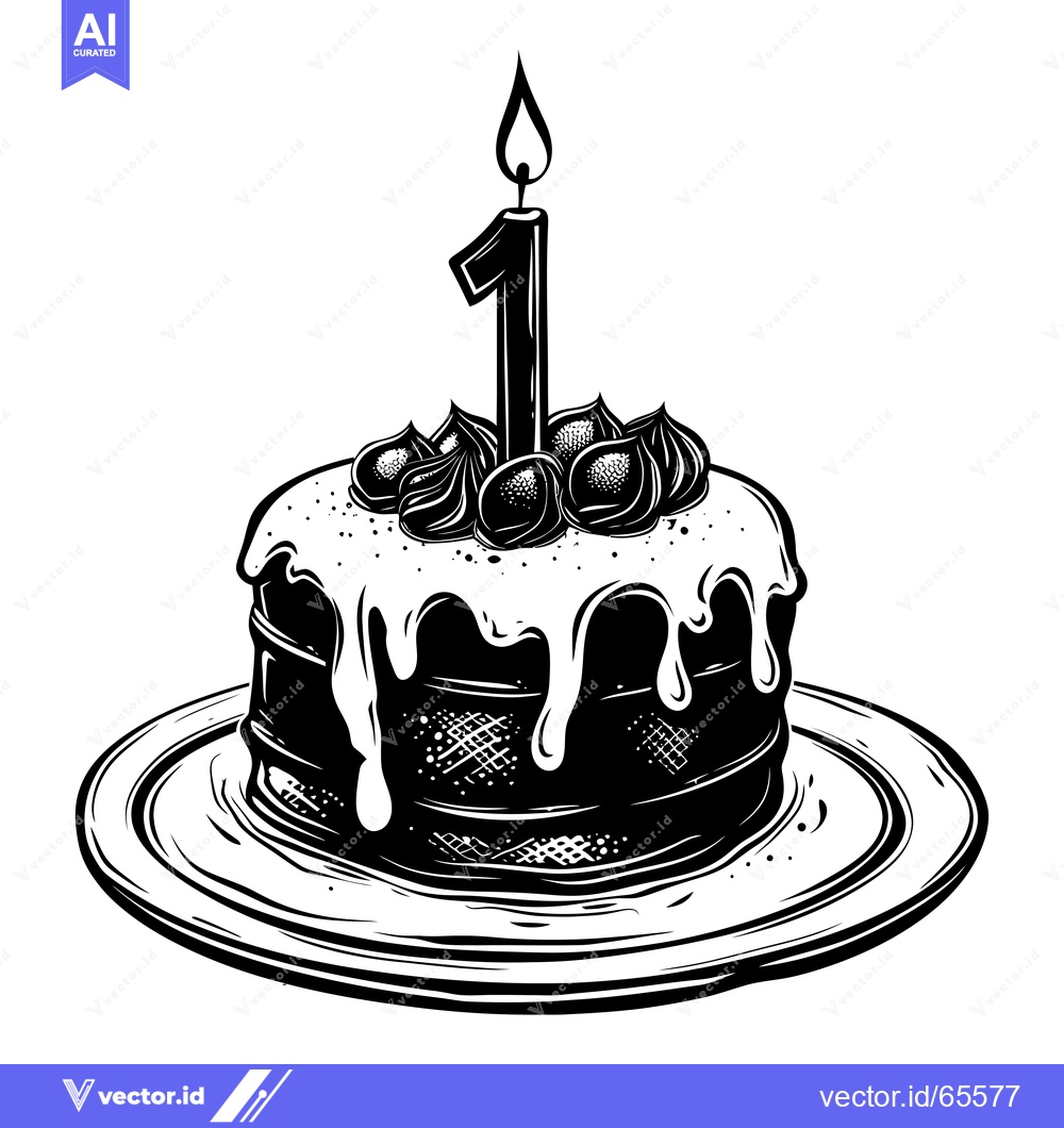 Premium Vector of Black and White Illustration of a Birthday Cake with a Single Candle