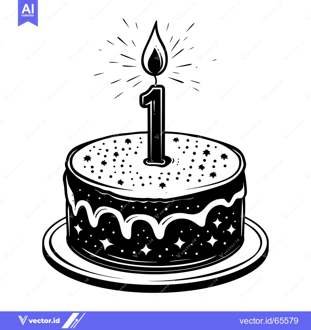 Premium Vector dari A Black and White Illustration of a Birthday Cake with a Single Lit Ca