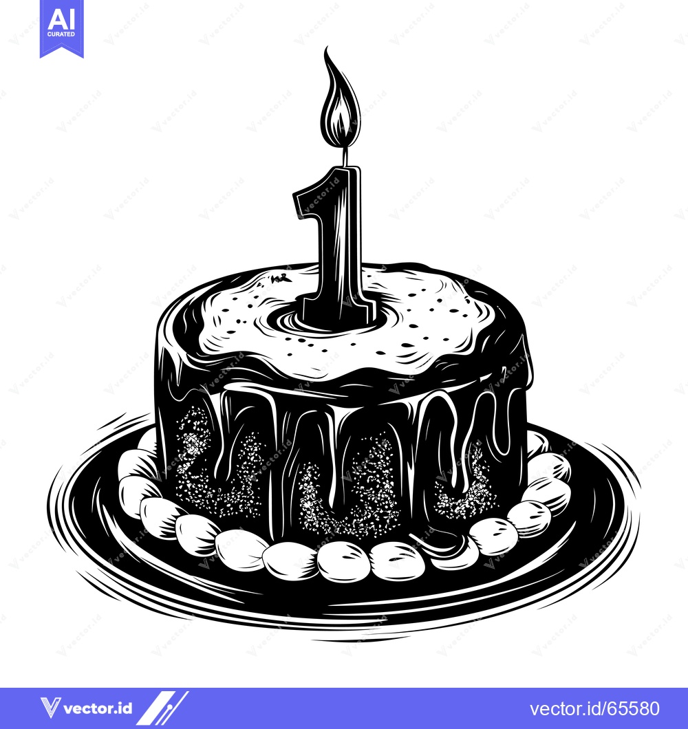 Premium Vector dari Black and White Illustration of a Cake with One Candle