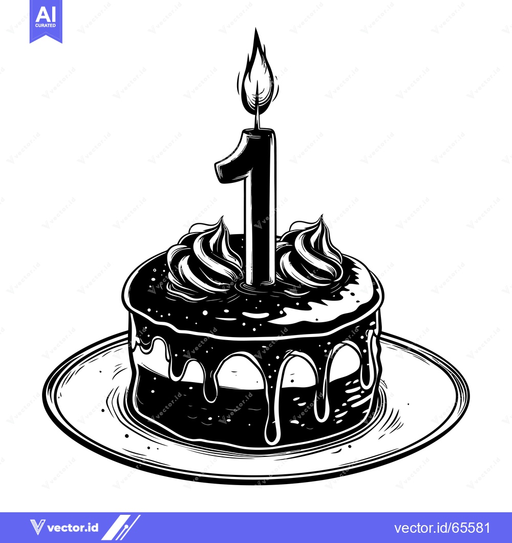 Premium Vector dari A Black and White Illustration of a Birthday Cake with a Single Lit Ca
