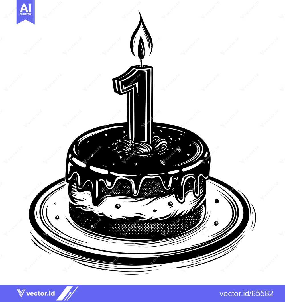Premium Vector of Black and White Illustration of a Birthday Cake with a Number One Cand