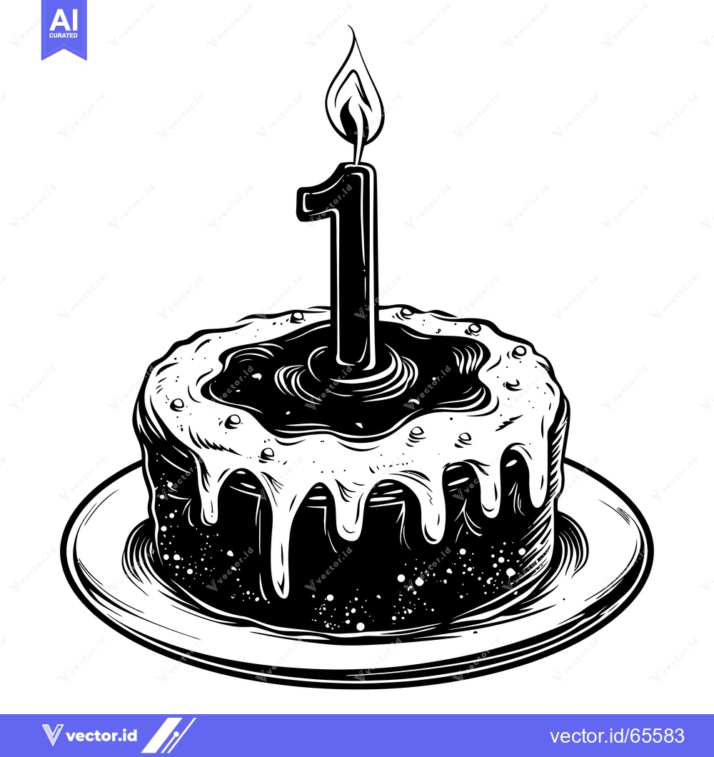Premium Vector of A Black and White Illustration of a Birthday Cake with a Single Candle