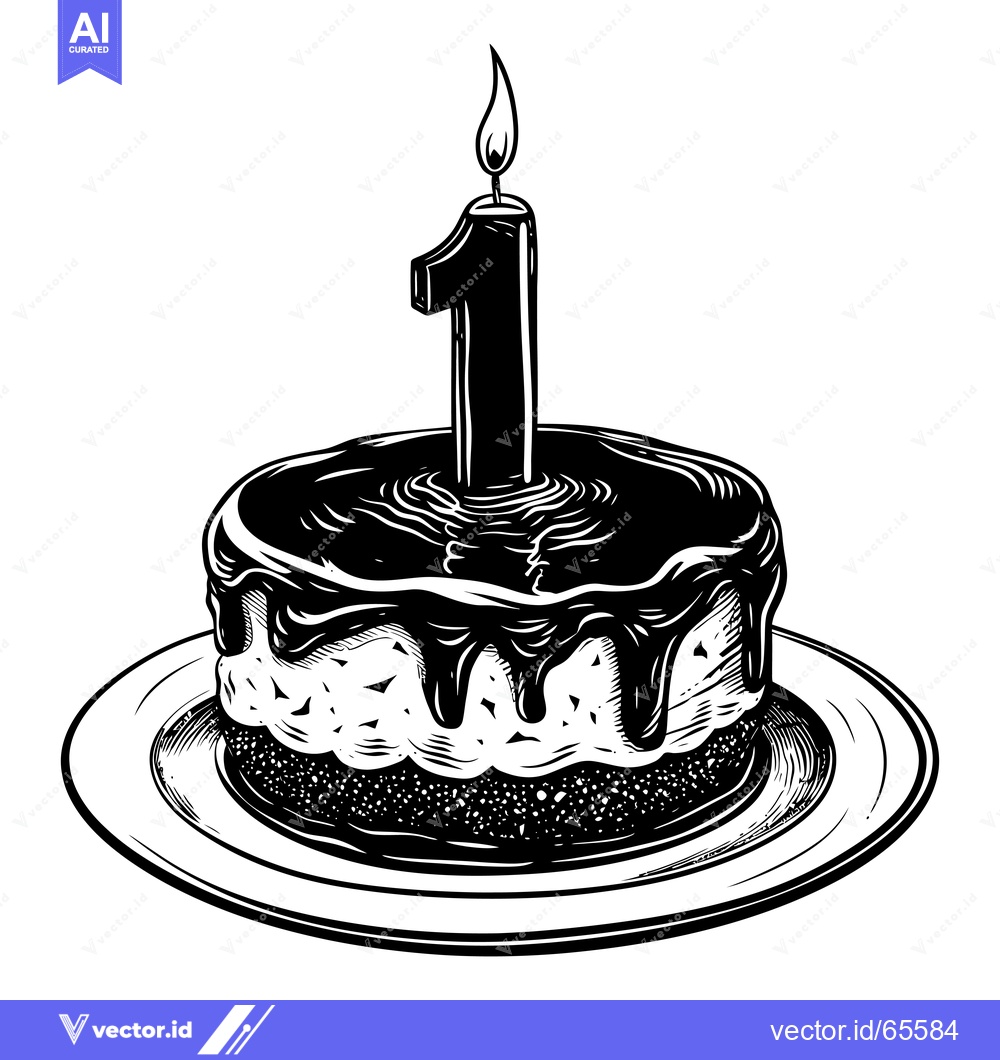 Premium Vector of Black and White Illustration of a Birthday Cake with One Candle