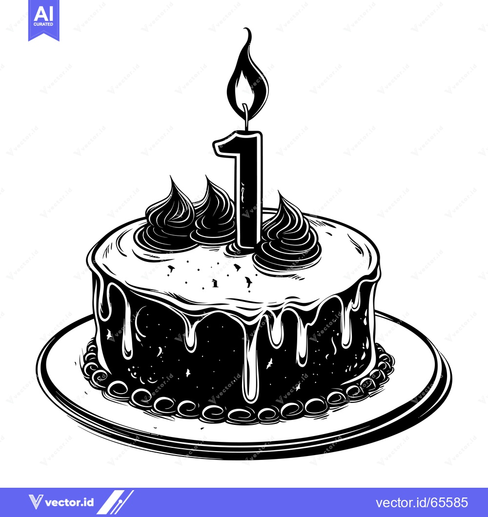Premium Vector dari A Black and White Illustration of a Birthday Cake with a Lit Candle Nu
