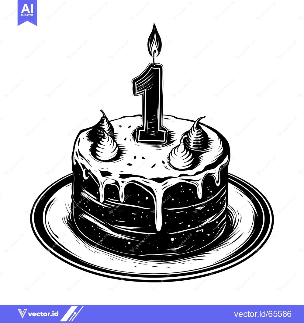 Premium Vector dari Black and White Illustration of a Birthday Cake with a Single Lit Cand