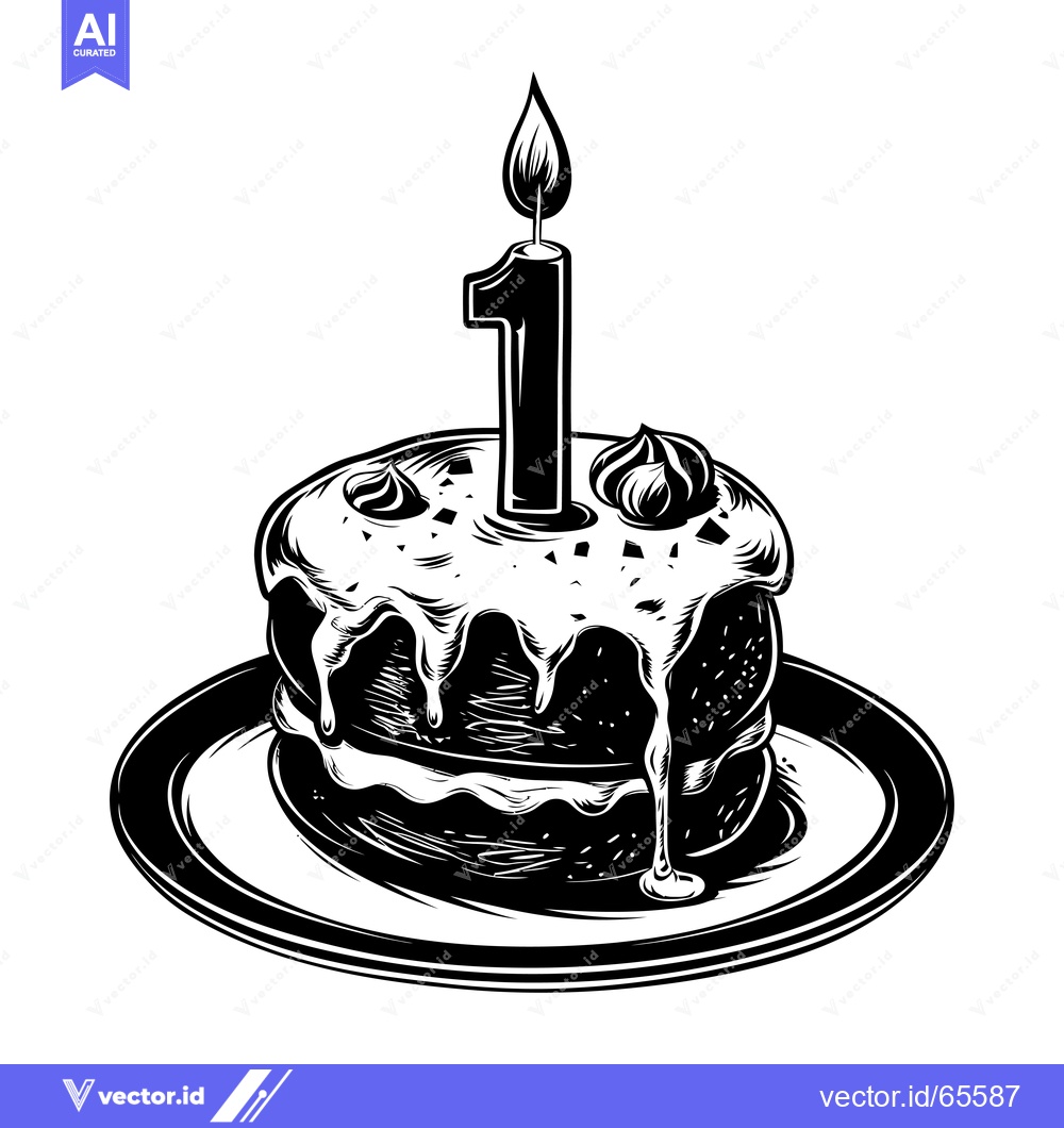 Premium Vector of Black and White Illustration of a Birthday Cake with a Single Lit Cand