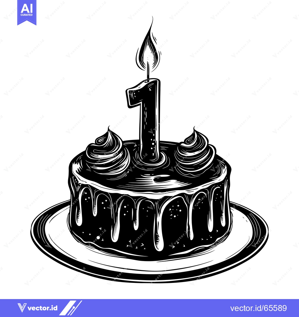 Premium Vector dari Black and White Illustration of a Birthday Cake with a Number One Cand