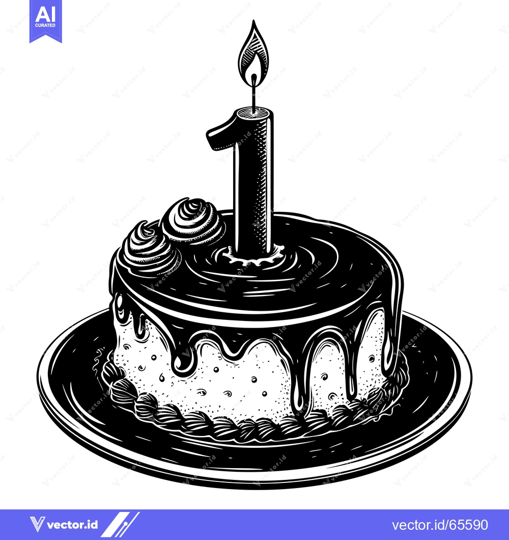 Premium Vector dari A Black and White Illustration of a Birthday Cake with a Single Lit Ca