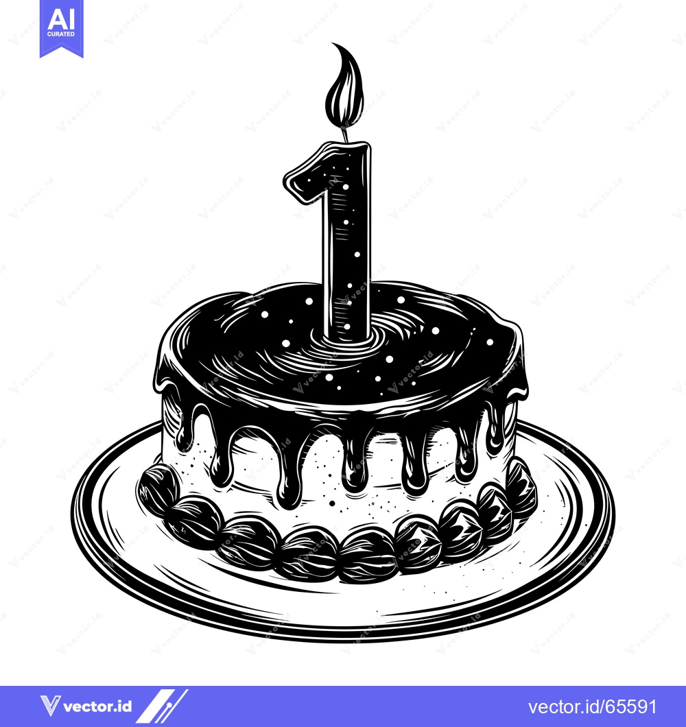 Premium Vector dari Black and White Illustration of a Birthday Cake with a Single Candle a