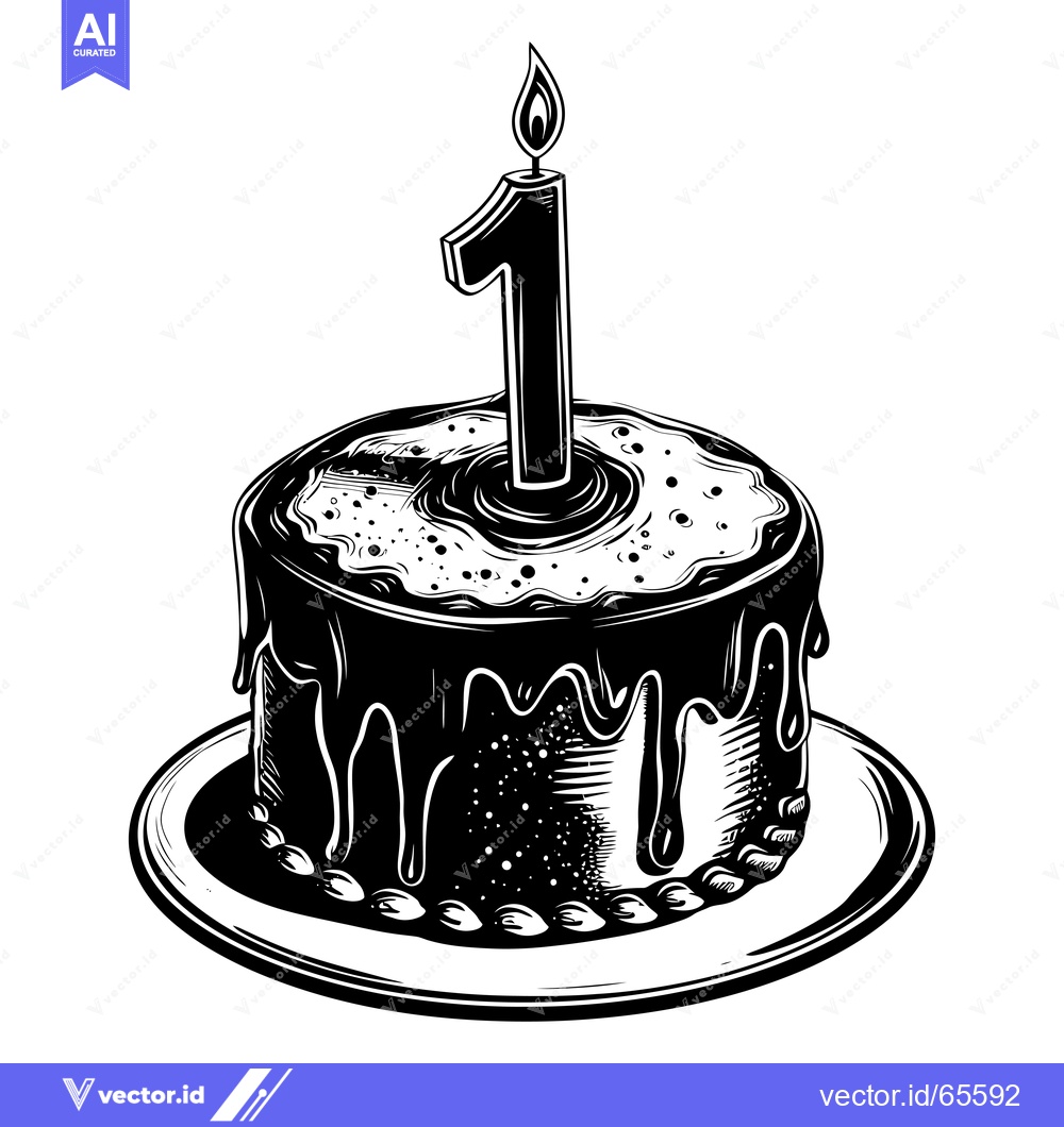 Premium Vector of Black and White Illustration of a Birthday Cake with One Candle