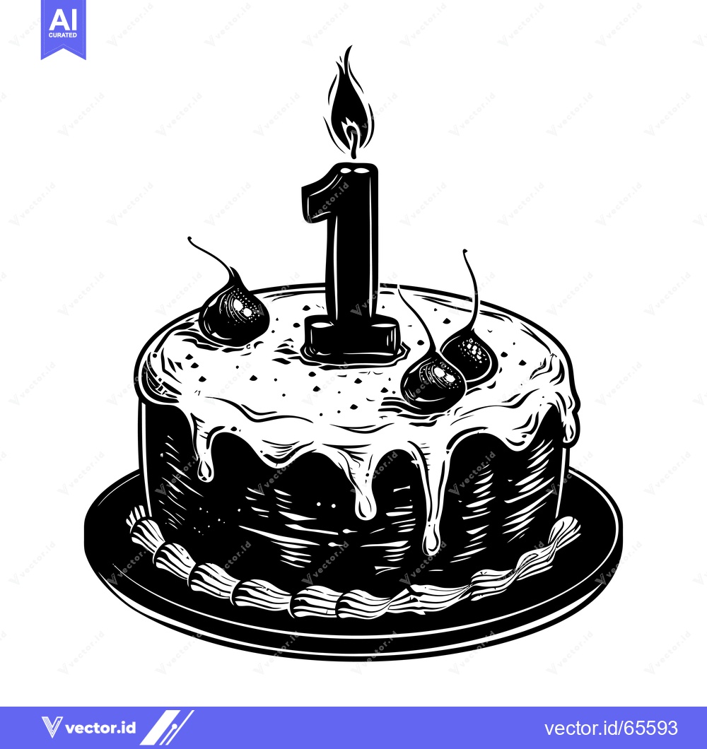 Premium Vector of Black and White Illustration of a Birthday Cake with a Single Lit Cand