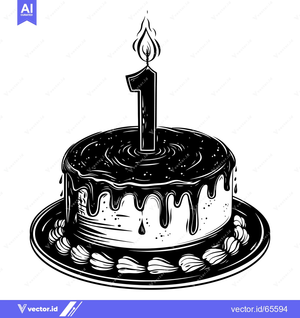 Premium Vector of Black and White Illustration of a Birthday Cake with One Candle