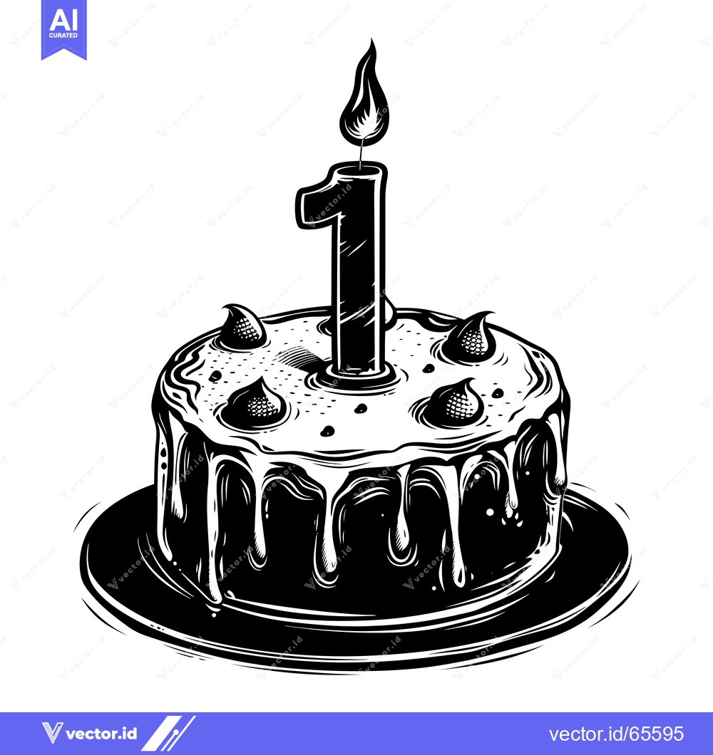 Premium Vector dari Black and White Illustration of a Birthday Cake with a Number One Cand