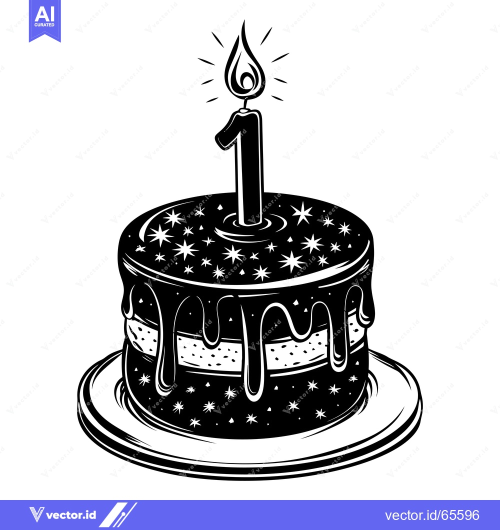 Premium Vector of Black and White Illustration of a Birthday Cake with a Number One Cand
