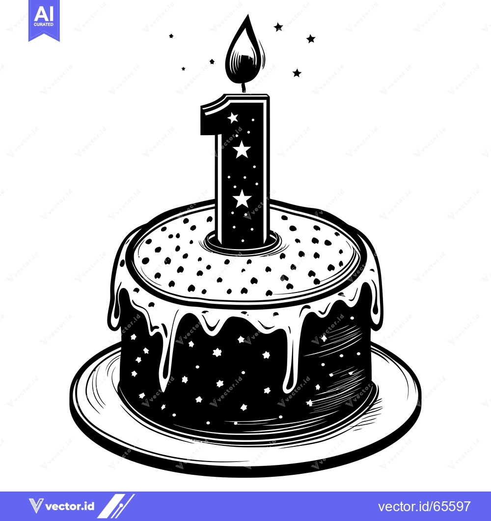 Premium Vector of Black and White Illustration of a Birthday Cake with a Single Lit Cand