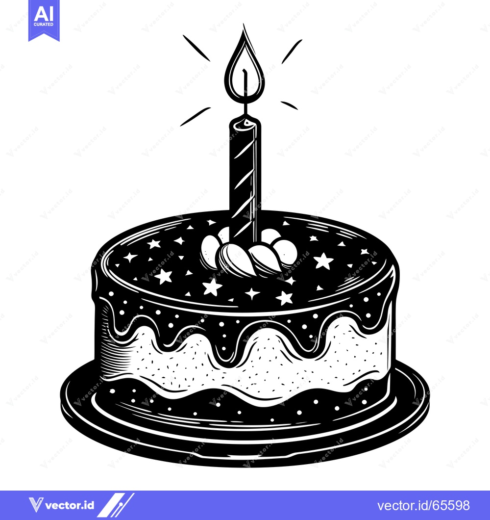 Premium Vector dari Black and White Illustration of a Birthday Cake with a Single Candle