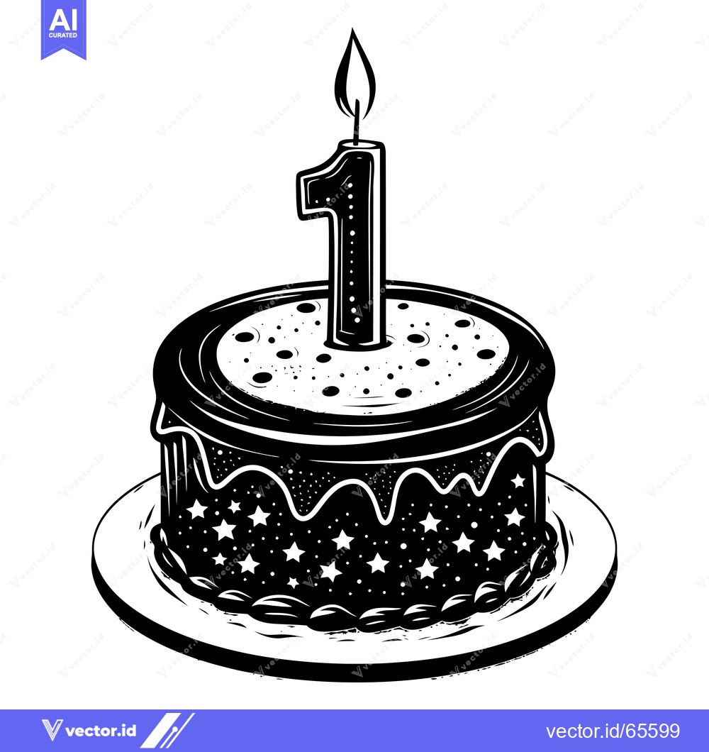 Premium Vector dari Black and White Illustration of a Birthday Cake with a Single Lit Cand