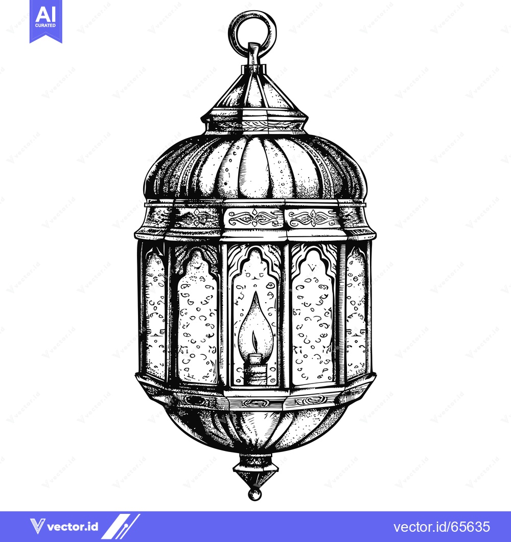 Premium Vector dari Ornate Hand-Drawn Black and White Lantern with a Flame