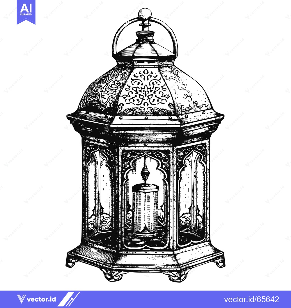 Premium Vector of Ornate Hand-Drawn Black and White Lantern with Candle