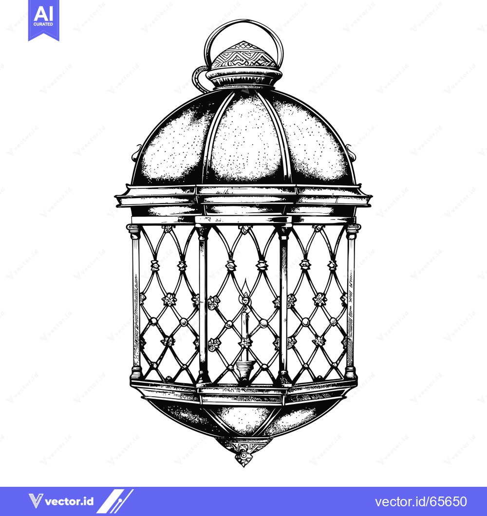Premium Vector dari Ornate Black and White Hand-Drawn Lantern with a Single Candle Inside