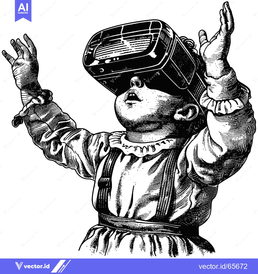 Premium Vector of A Young Child Wearing a Virtual Reality Headset Looks Up in Wonder