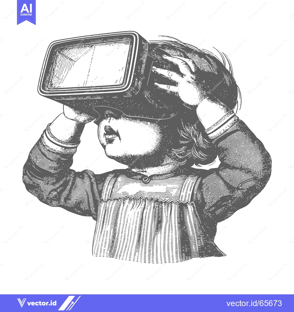 Premium Vector of A Young Girl Wearing a Vintage-Style Virtual Reality Headset