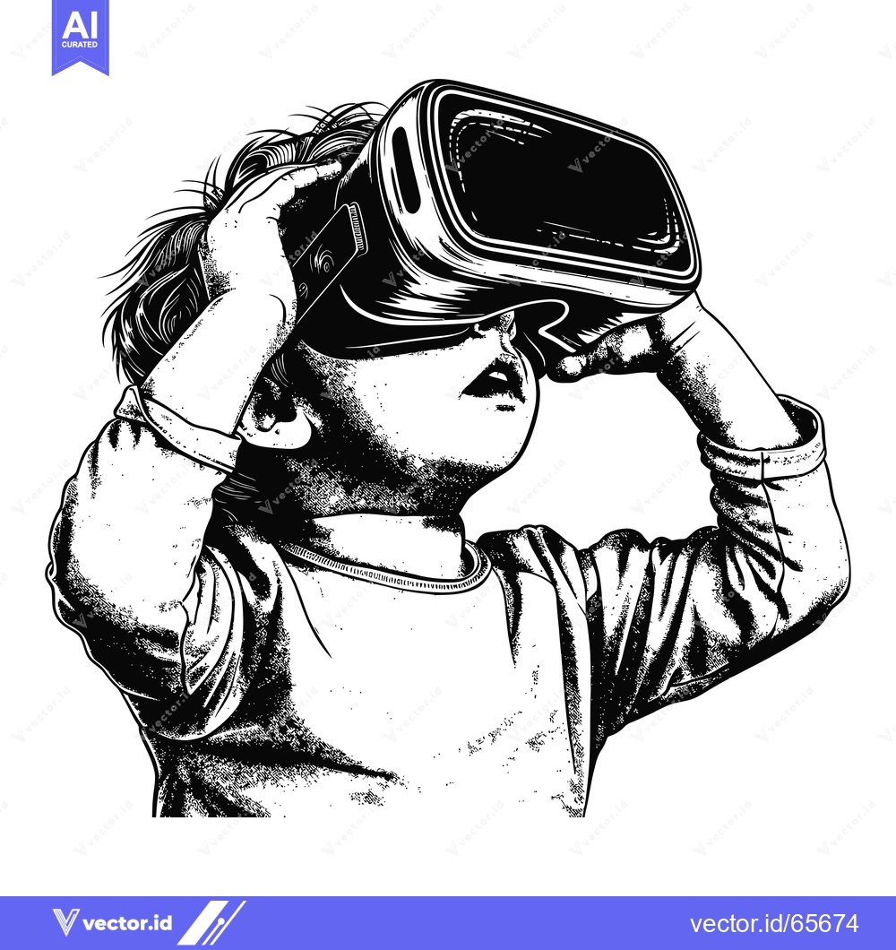 Premium Vector of A Child Wearing a Virtual Reality Headset, Black and White Illustratio