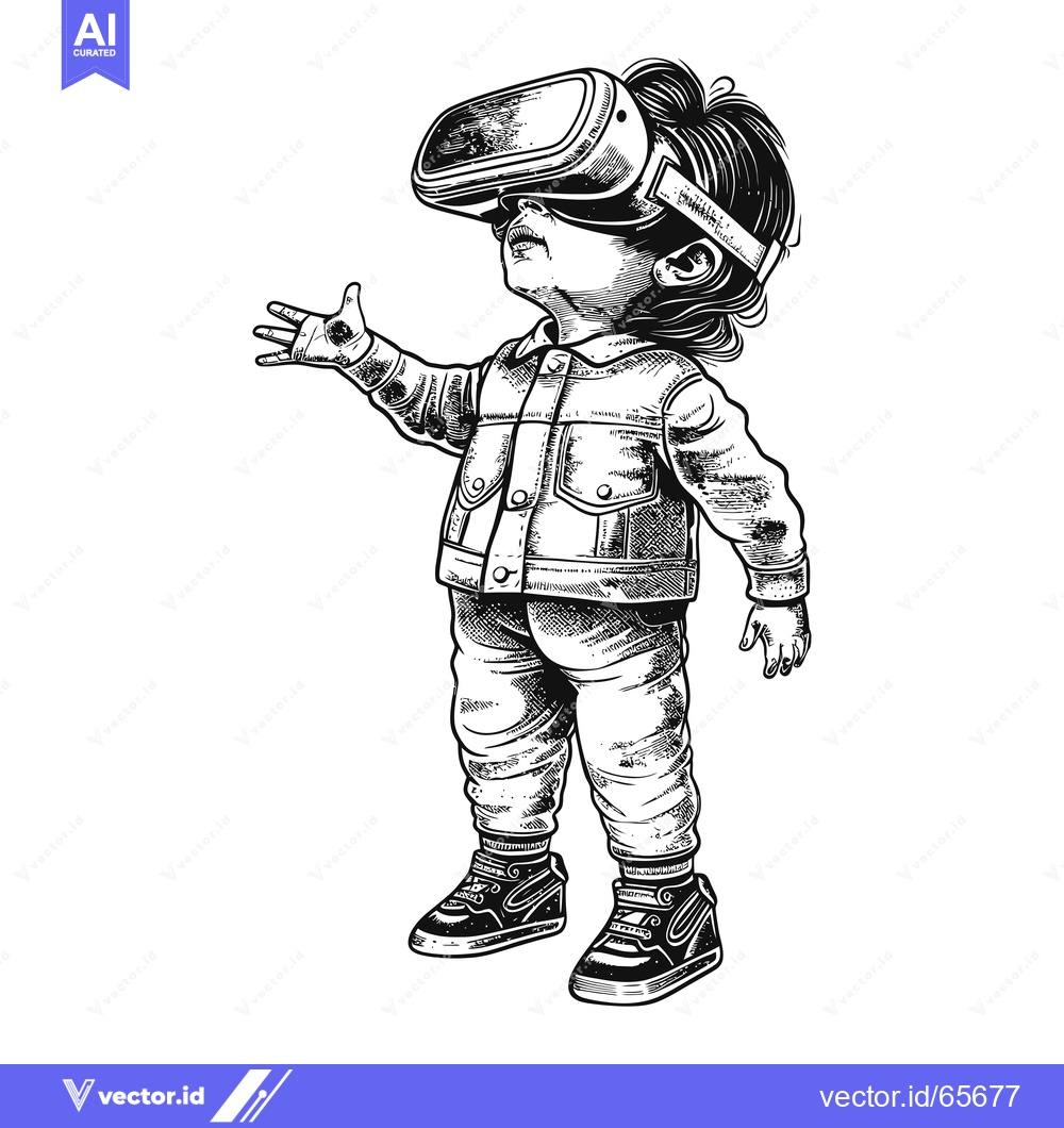Premium Vector of A child wearing a VR headset, looking up and reaching out with one han