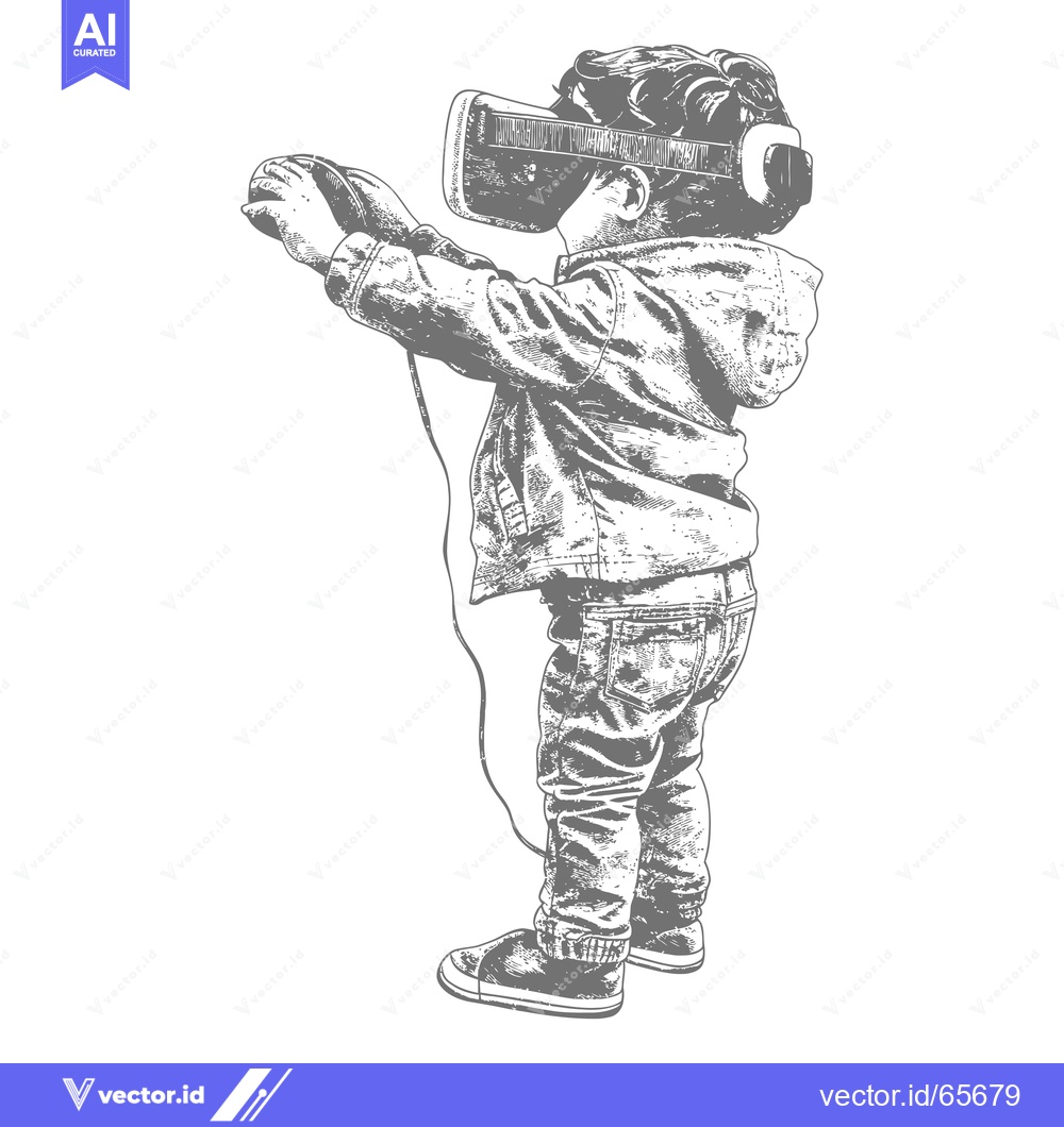 Premium Vector dari A Child Wearing Virtual Reality Headgear with a Controller in Hand