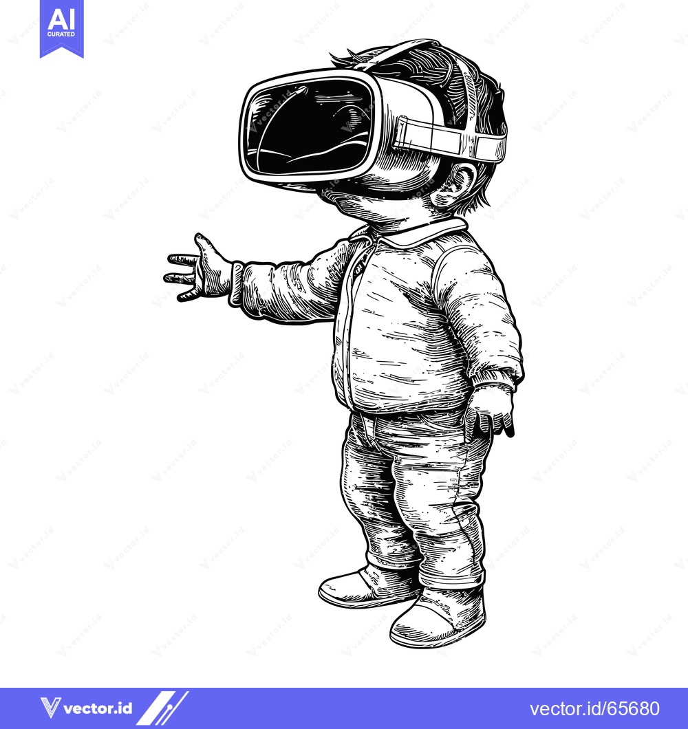 Premium Vector dari Child Wearing Virtual Reality Headset Reaches Out With Hand