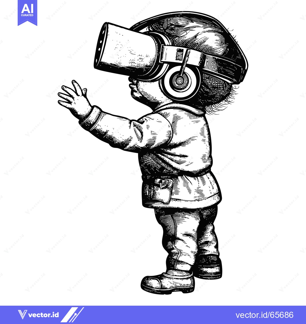 Premium Vector of A young child wearing a virtual reality headset and looking up.