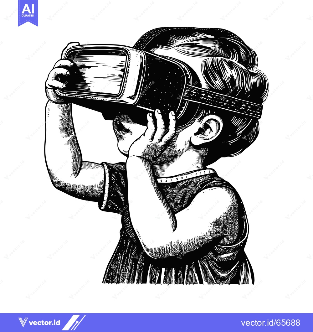 Premium Vector dari Young girl wearing a virtual reality headset, looking up and to the le