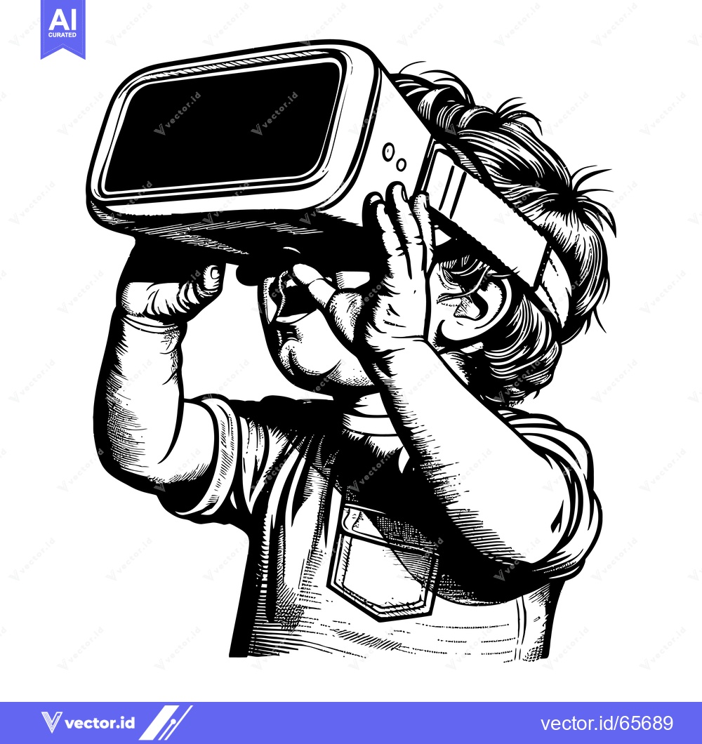 Premium Vector dari Young Boy Wearing Virtual Reality Headset, Black and White Illustratio