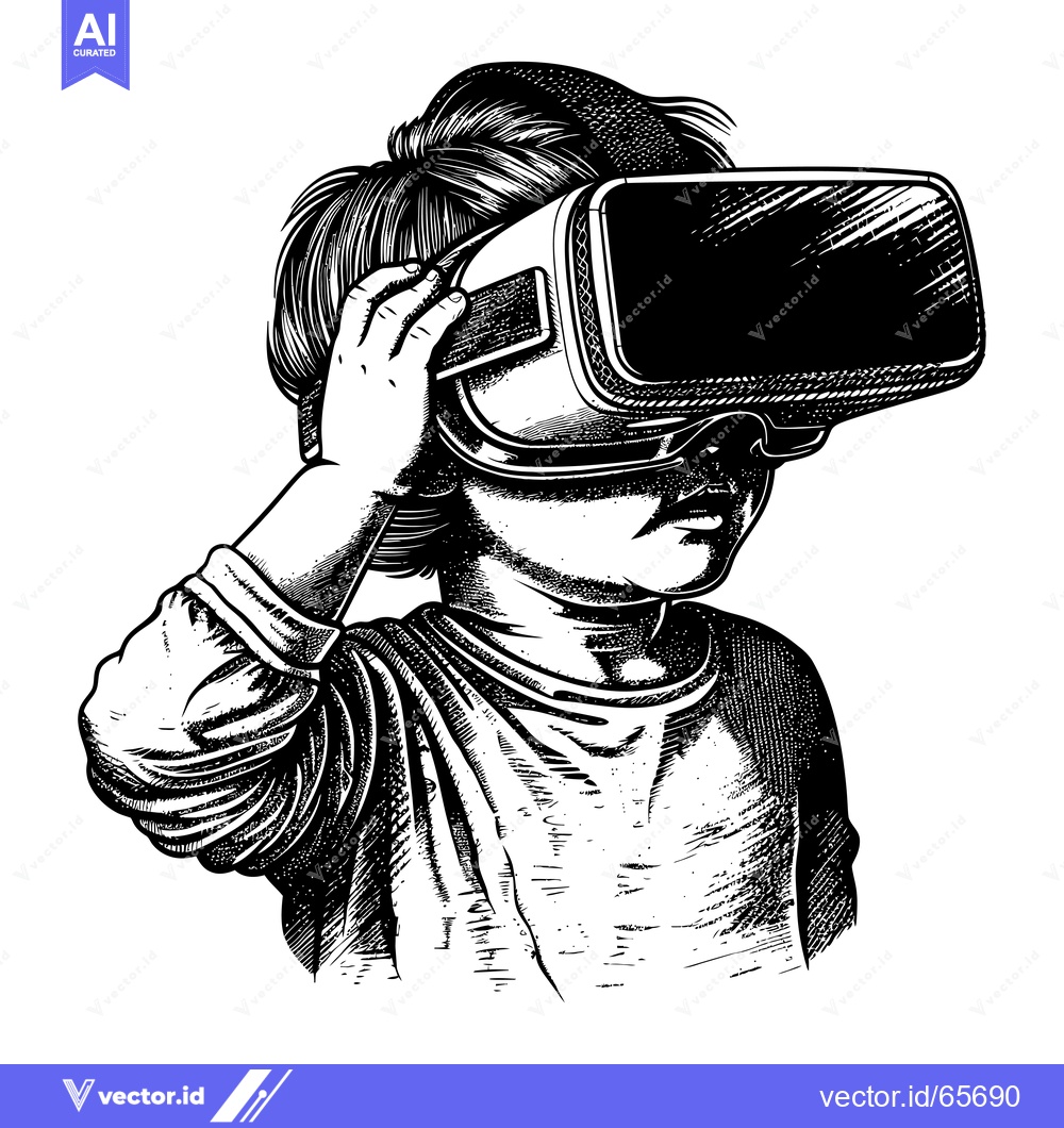 Premium Vector of Black and white illustration of a young person wearing virtual reality