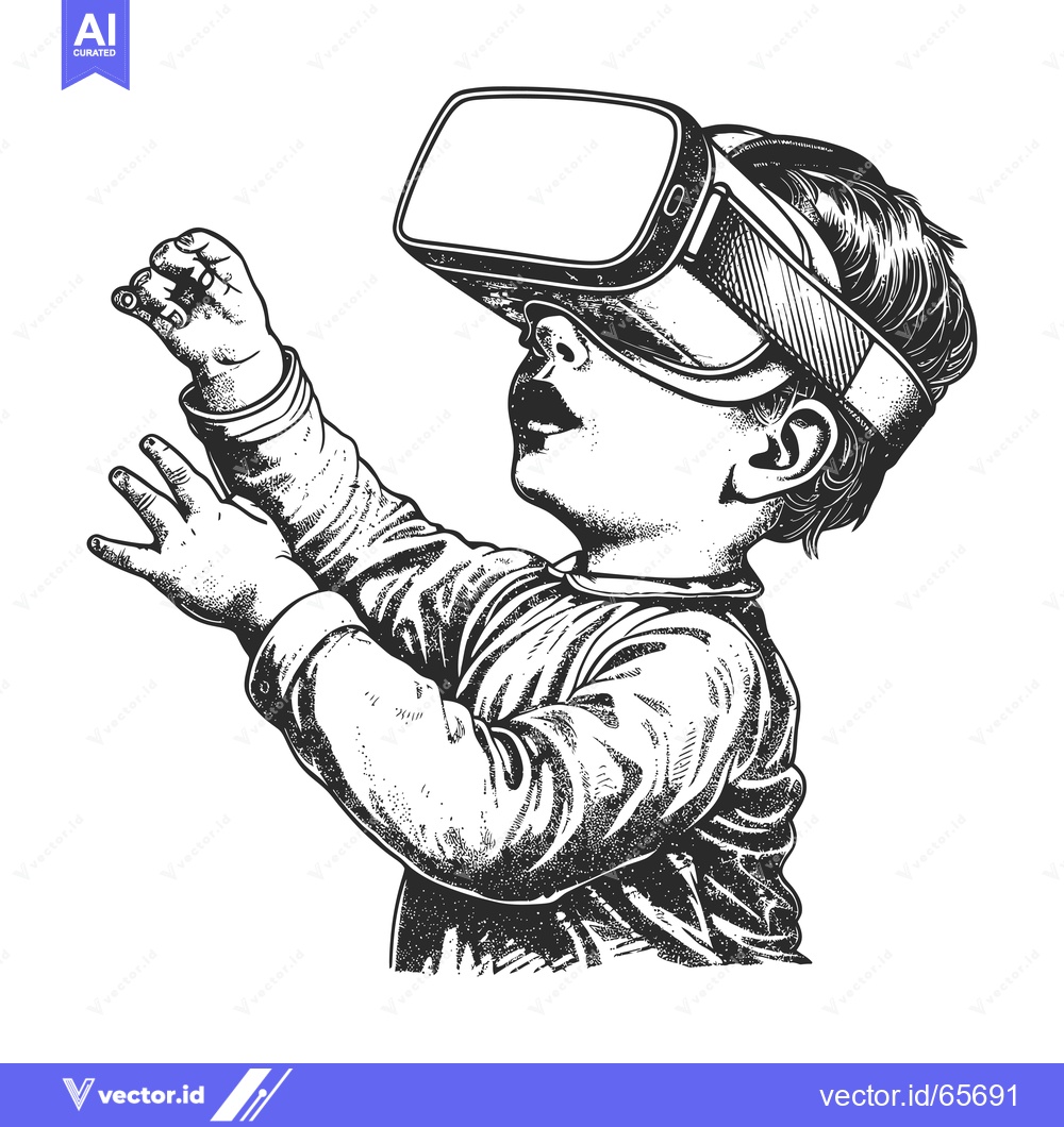 Premium Vector of Child wearing VR headset with outstretched hand reaching toward the vi