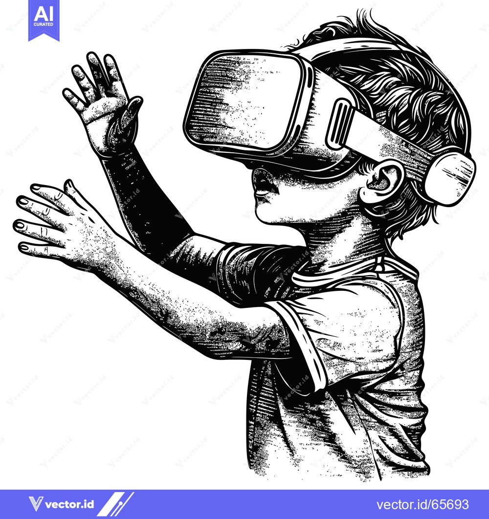 Premium Vector of Black and White Illustration of a Child Wearing Virtual Reality Headse