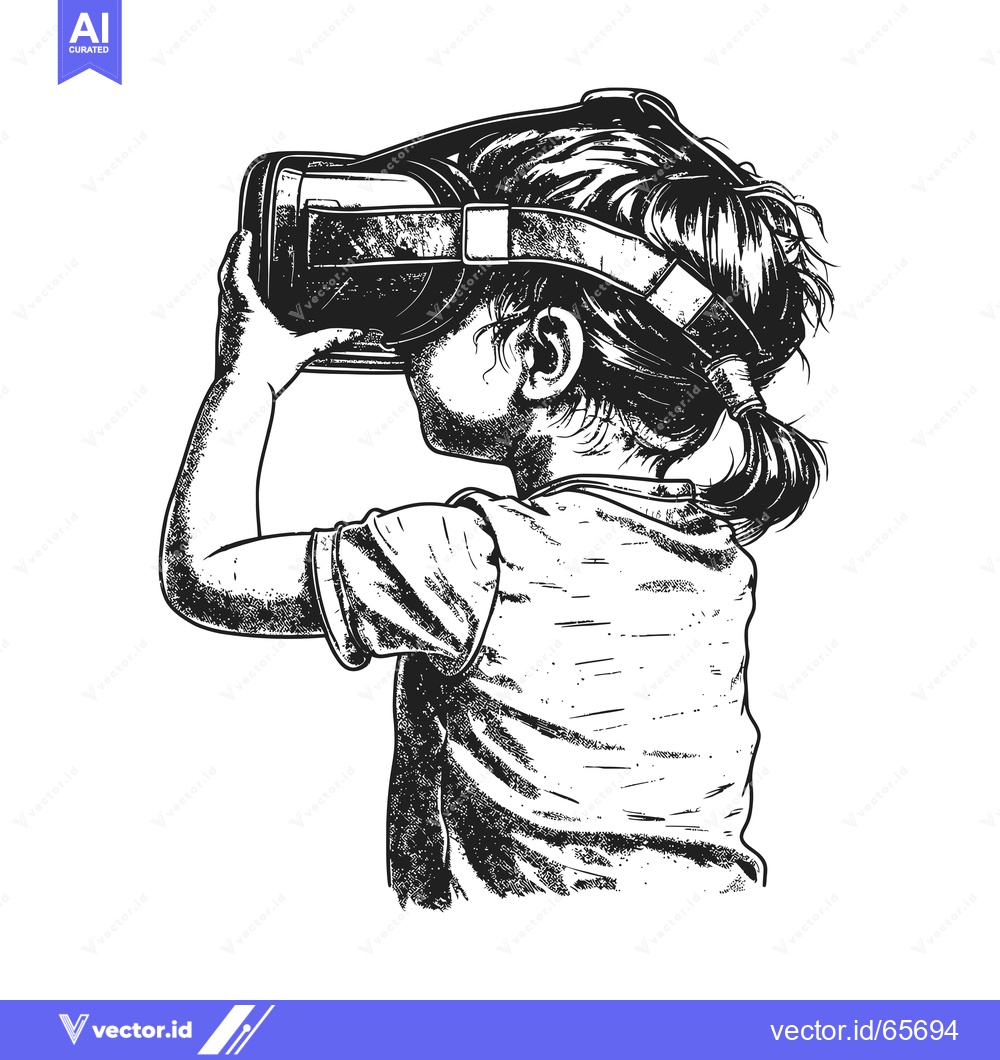Premium Vector of A young girl wearing a VR headset, looking up.
