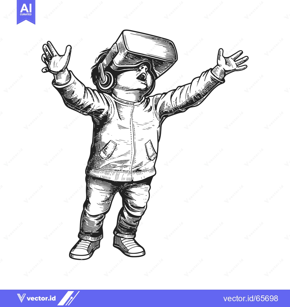 Premium Vector dari A child wearing a VR headset with arms outstretched in amazement