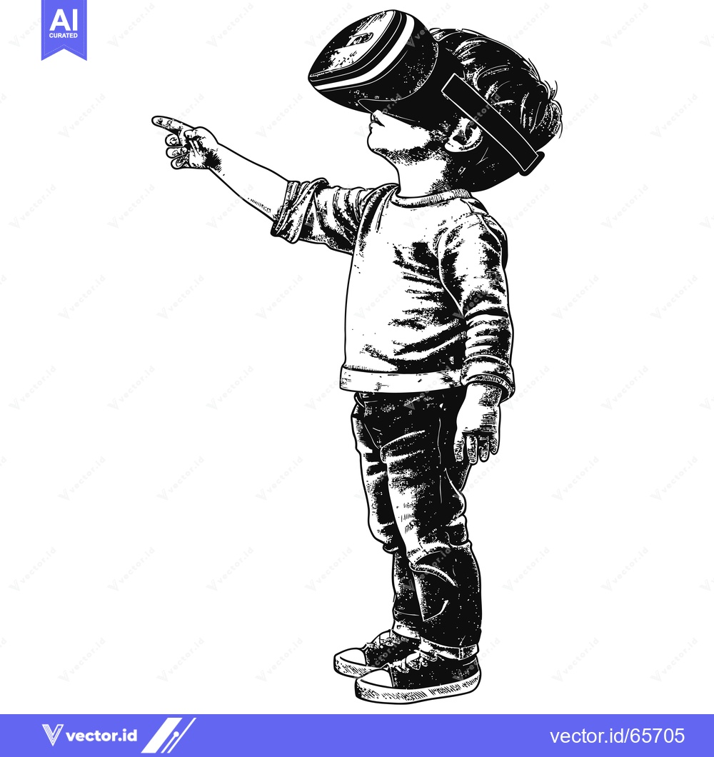 Premium Vector dari A Young Boy Wearing a VR Headset and Pointing Upward