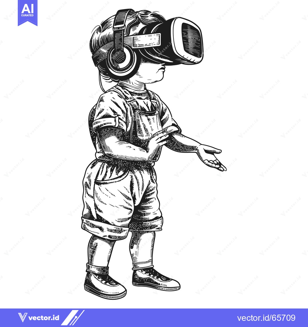 Premium Vector dari A Child Wearing a Virtual Reality Headset and Overalls