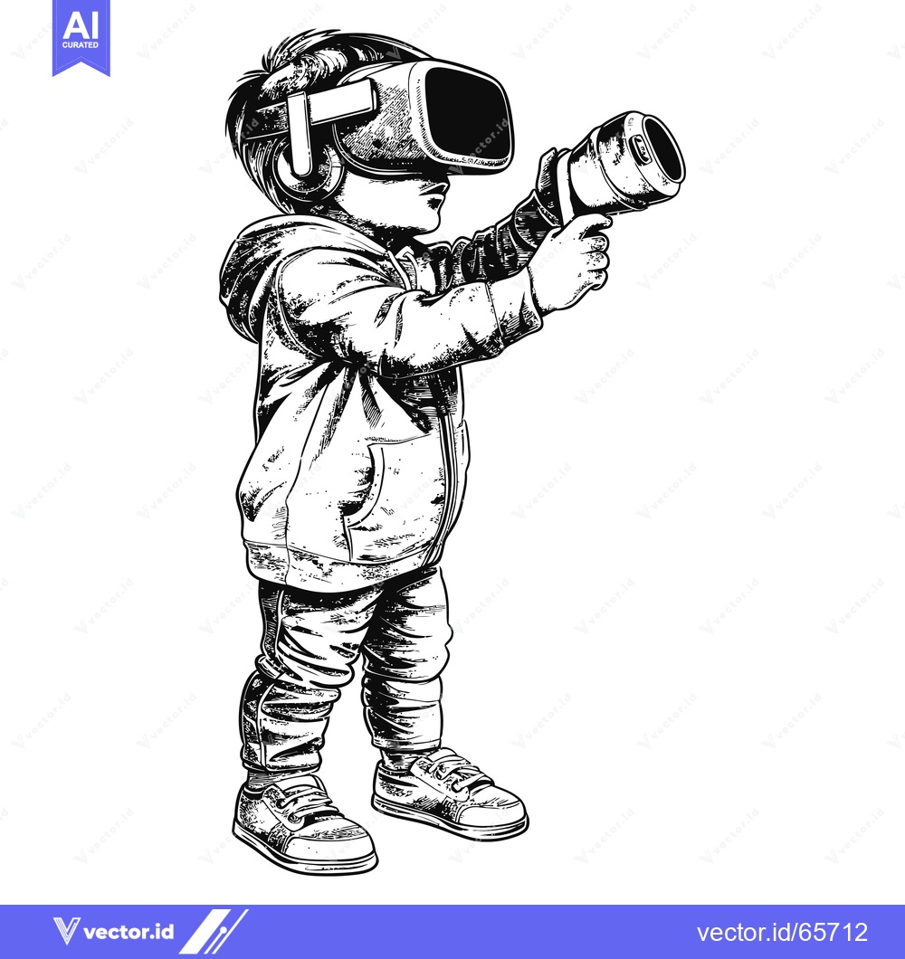 Premium Vector of A young person wearing a VR headset and holding a controller