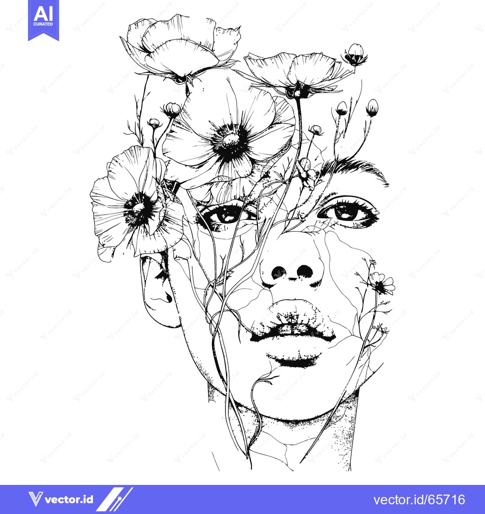 Premium Vector of Woman's Face Emerging from Flowers in Black and White Line Art