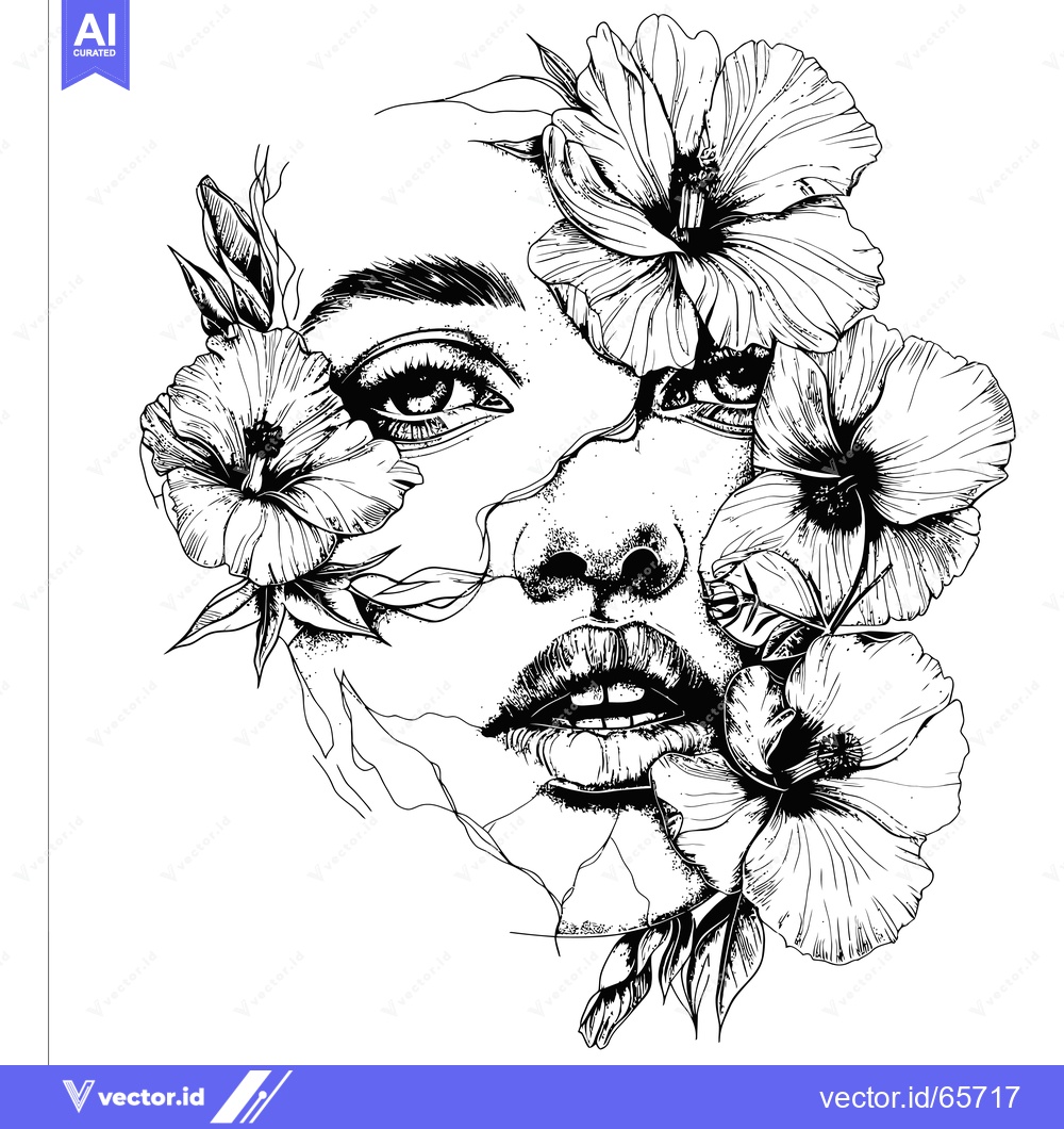 Premium Vector dari Black and White Illustration of a Woman's Face with Hibiscus Flowers