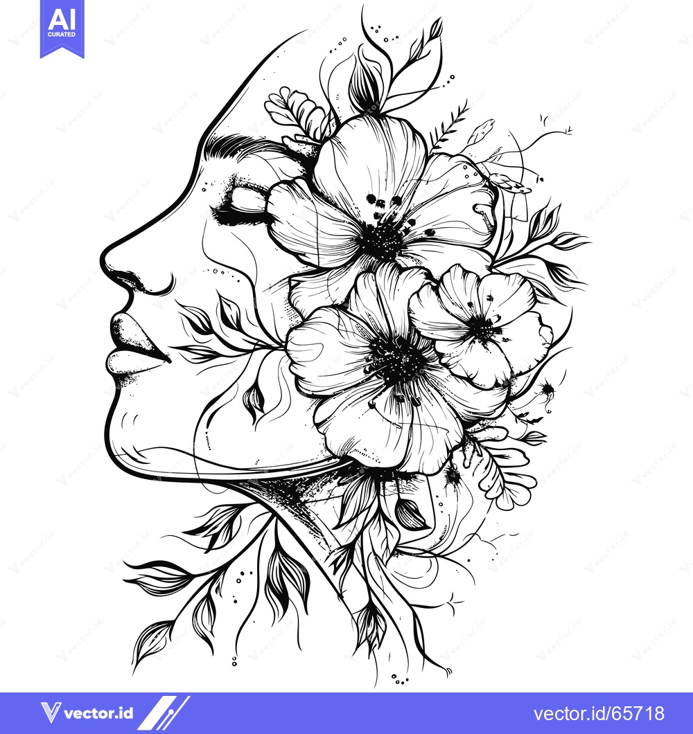 Premium Vector of Black and White Line Art Illustration of a Woman's Face with Flowers G