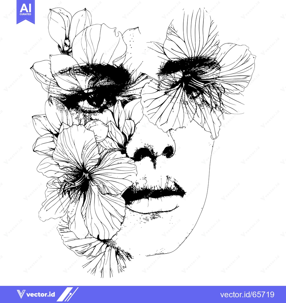 Premium Vector dari Woman's Face Partially Covered by Flowers in Black and White Line Art