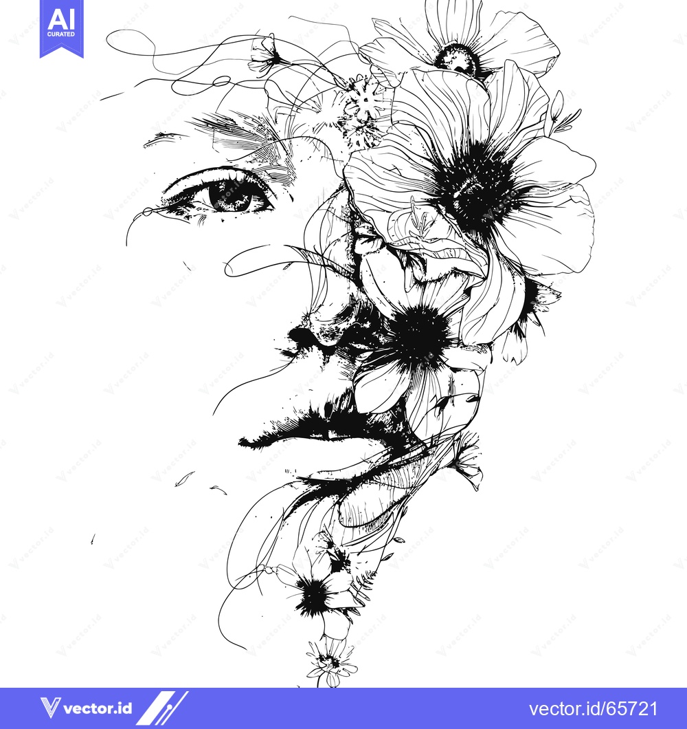 Premium Vector dari A Woman's Face Partially Covered by Flowers in Black and White Line Ar