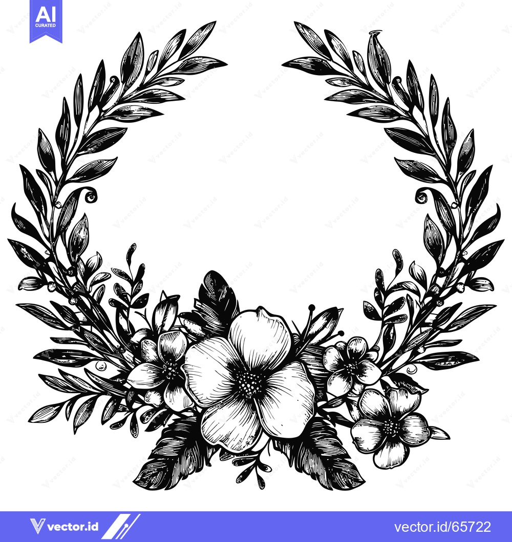 Premium Vector of Black and White Floral Wreath with Delicate Flowers