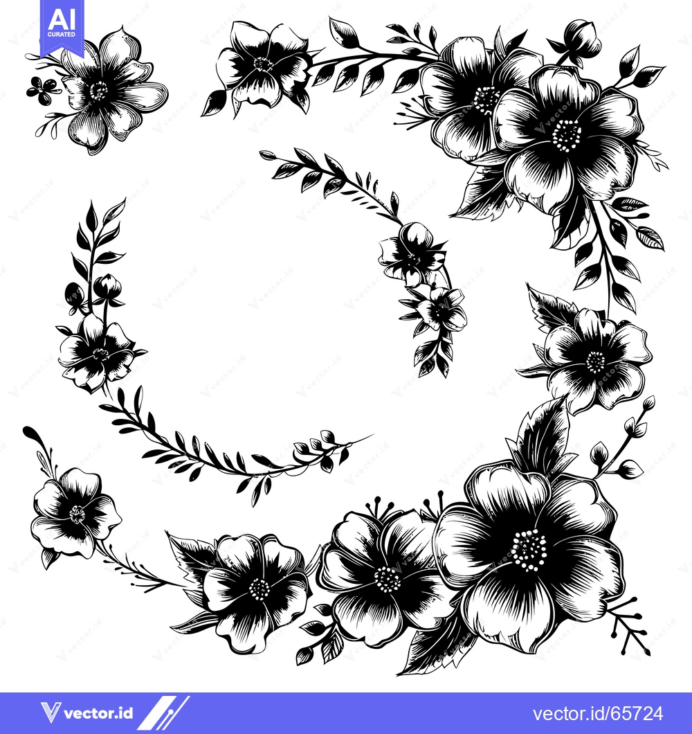 Premium Vector dari Black and White Floral Design with Detailed Flowers and Leaves