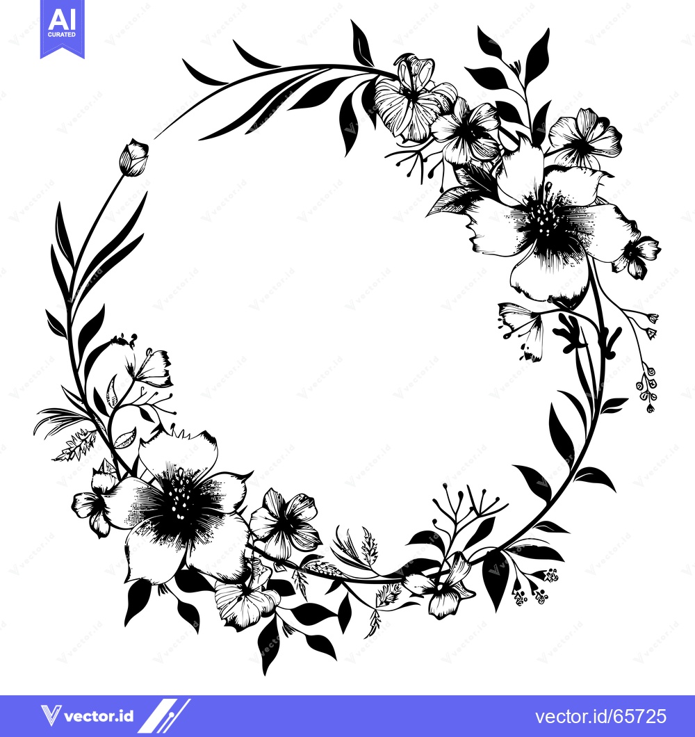 Premium Vector dari Black and White Floral Wreath with Large Flowers and Leaves