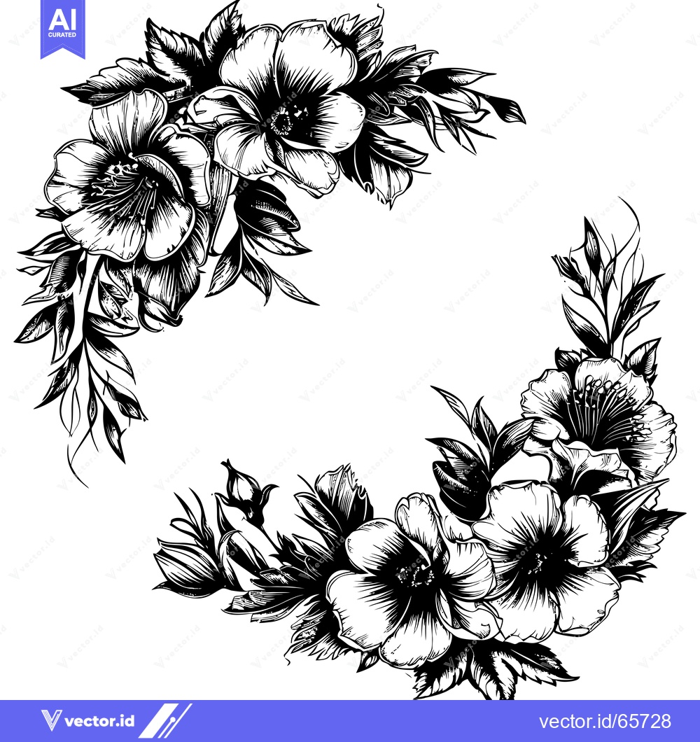 Premium Vector of Black and White Floral Frame with Detailed Flowers and Leaves